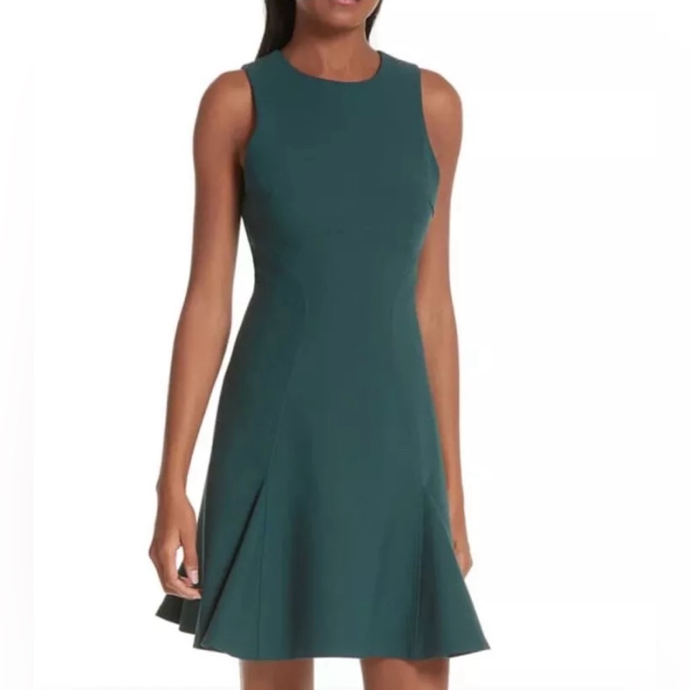 Cinq A Sept Elizabeth A-Line Dress Green Pleated Round Neck
